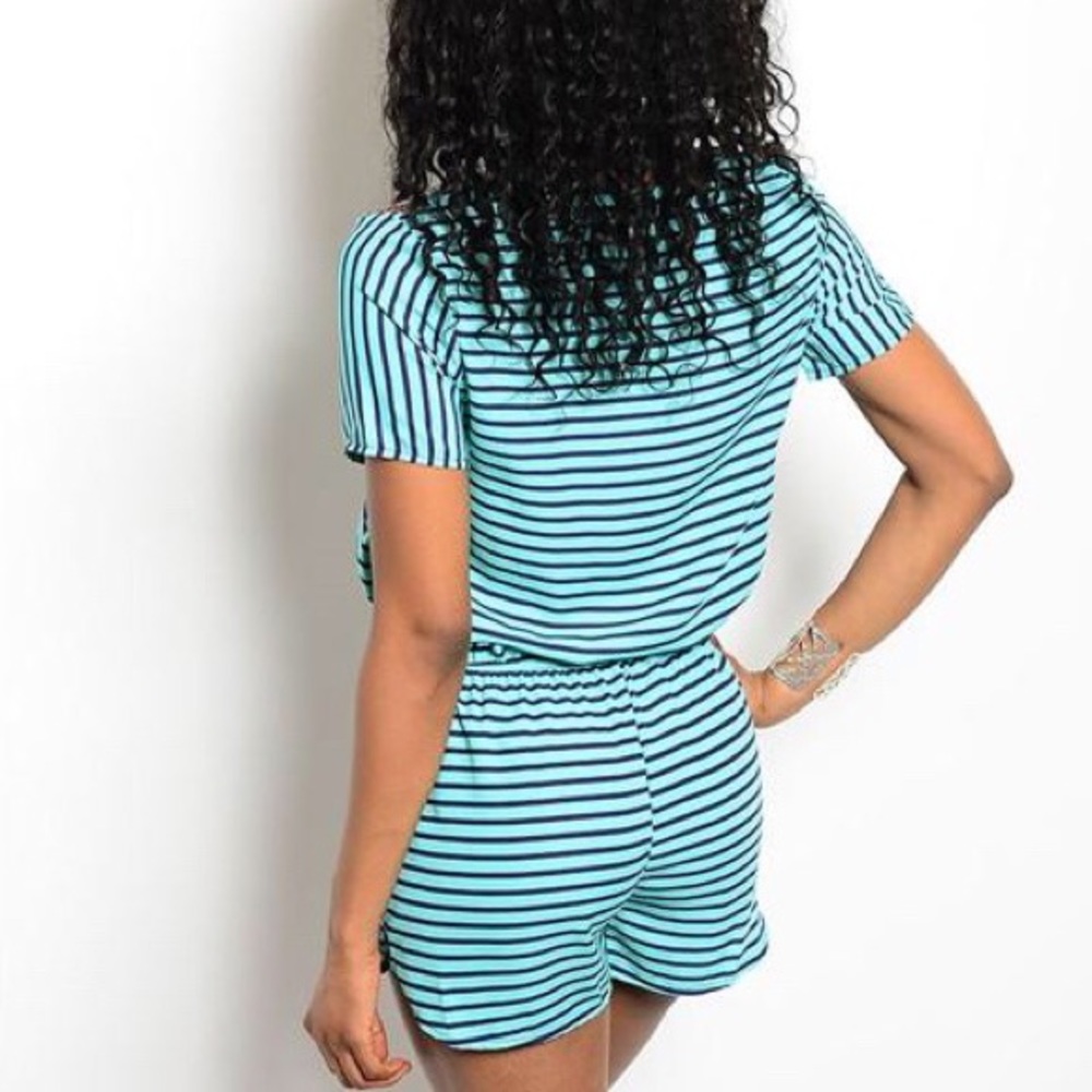 Jade and Navy Romper with Floral Details. - Picture 5 of 7